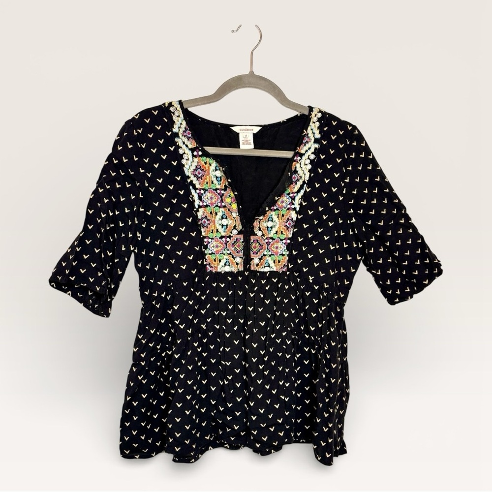 Sundance Black Embroidered Boho Romantic Peplum Top Small
